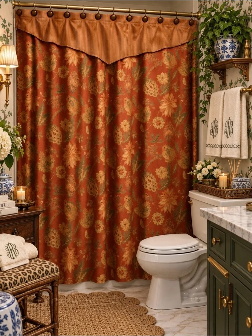 Vintage Tweel Floral Paisley Shower Curtain w/ Valance